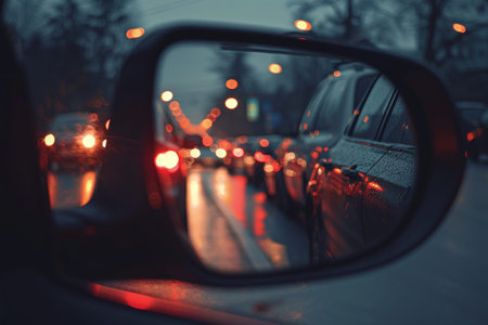 Evening traffic jam with queuing cars and headlights reflecting in rearview mirror