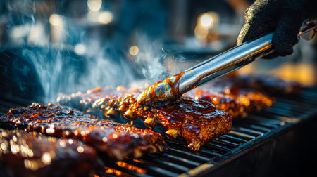 Juicy, slow-cooked beef ribs with a glossy, caramelized glaze bubble atop a charcoal grill,...