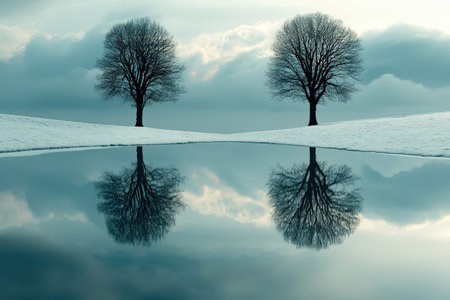 Serene winter scene with stark, bare trees mirrored in glassy water, capturing silent cold and quiet...