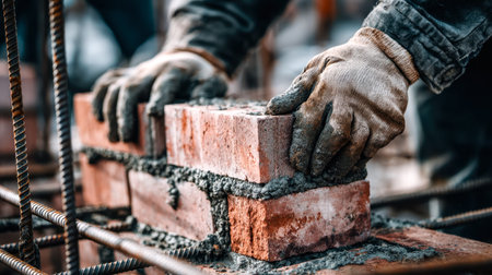 A skilled craftsman expertly places bricks with fresh mortar, shaping a sturdy wall amid a busy...