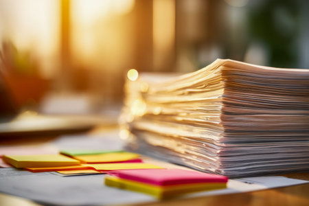 Sunlit workspace featuring a towering pile of documents contrasted by vibrant sticky notes,...