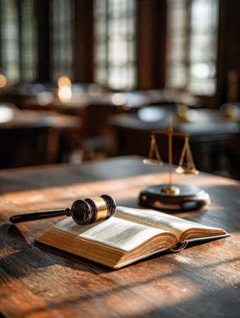 A classic wooden gavel gently rests on an open legal volume, with a polished brass balance scale...