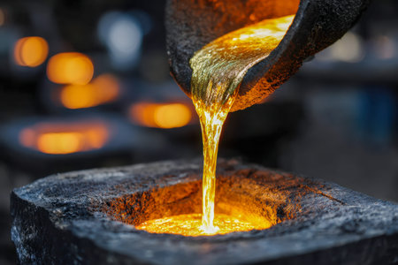 Intense orange glow illuminates swirling liquid metal as it streams into a cavity, capturing the...