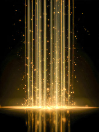 Soft, luminous golden rays descend gracefully, scattering shimmering particles across a glossy dark...