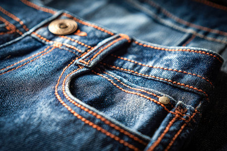 Detailed view of timeless blue jeans highlighting vibrant orange thread, sturdy rivets, and textured...