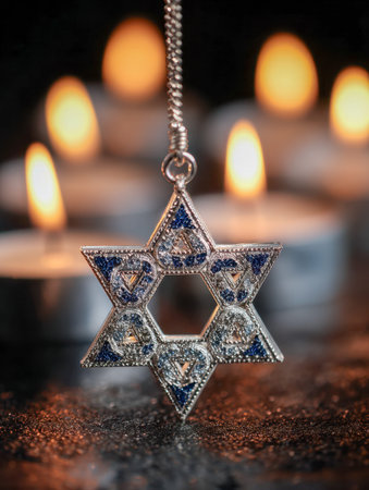 An intricate star-shaped pendant dangles gracefully, set against a glowing backdrop of flickering...