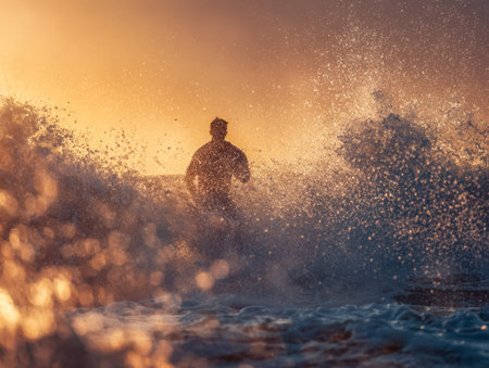 A solitary figure stands heroically as fiery hues paint the sky, ocean mist dances around, and waves...