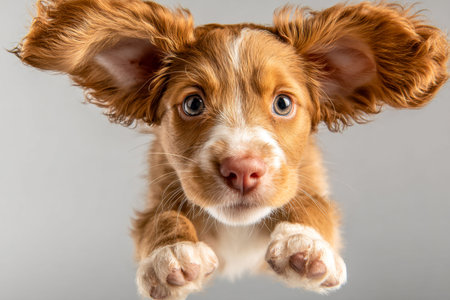 A cheerful brown puppy with big floppy ears and sparkling eyes leaps joyfully, capturing a lively...