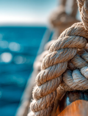 A rugged, spiraled cord wrapped firmly around a weathered timber railing, with shimmering sea and a...