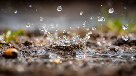 Vibrant raindrops burst onto soft, earthy terrain, their fleeting splashes frozen in a delicate...