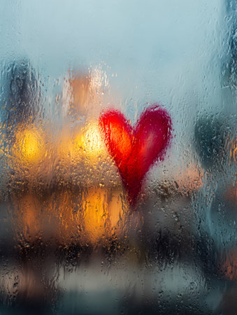 A tender sketch of a heart etched on a misted glass pane, with colorful urban glow softly hazed out...