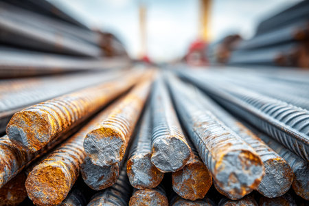 Corroded rebar layers lie in disorganized piles, evoking a sense of decay and endurance, perfect for...