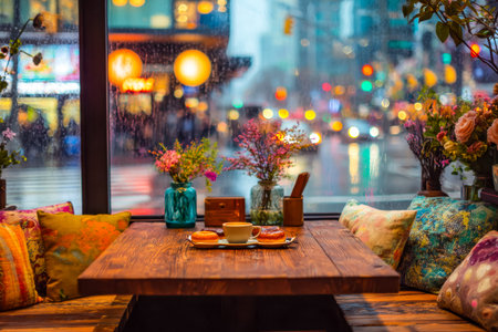 Warm lighting illuminates a snug corner adorned with colorful blossoms, while raindrops trail down...