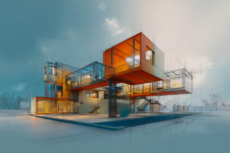 A sleek, innovative residence featuring sharp geometric lines and expansive transparent surfaces,...