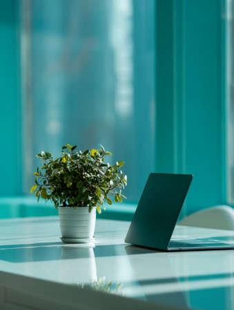 A sleek, contemporary desk setup bathed in gentle sunlight, highlighted by a vibrant greenery accent and a tidy laptop, creating an inspiring work environment.の写真素材