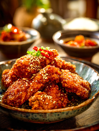 Juicy, golden-brown wings coated in a crispy shell, topped with toasted sesame seeds and fresh herbs, inviting a mouthwatering craving for a flavorful bite.の写真素材