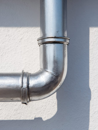 A sleek, polished metal pipe with a smooth bend rests against a textured white surface, its...