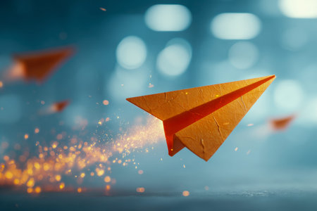 Vibrant orange paper planes streak through a gentle blue backdrop, leaving luminous trails that...