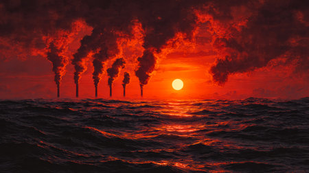 Vibrant orange and red hues spread across churning waves as dark smoke rises silhouettes against the dramatic evening sky, evoking a sense of raw natural and industrial clash.の写真素材