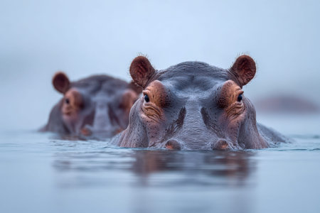 Two regal hippopotamuses rest quietly in tranquil waters, their intense gazes blending strength and...