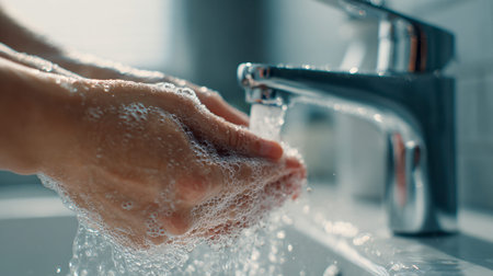 Hands with bubbly soap foam cleanse gently beneath a sleek faucet, embodying a fresh, hygienic...