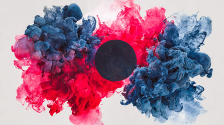 Vibrant ink swirls radiate outward from a central dark point, creating dynamic, cloud-like forms...