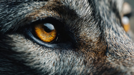 An intense gaze reveals textured fur and a mesmerizing amber eye, capturing the wild beauty and raw...