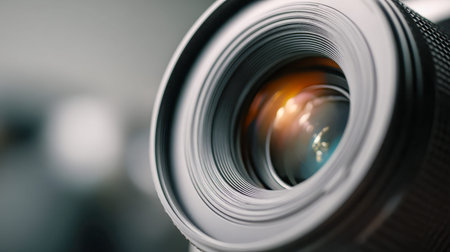 A close-up of a high-quality camera lens showing intricate glass components catching gentle...