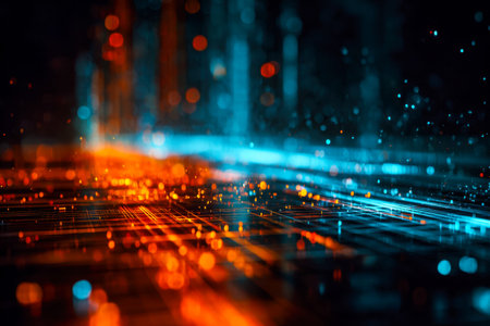 Dynamic visualization of interconnected glowing pathways and floating particles in vivid orange and...