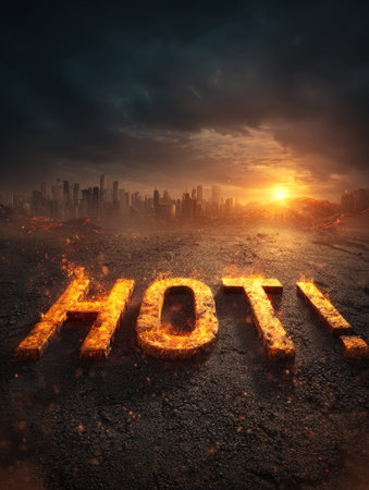 A city skyline ablaze with flames at dusk, capturing chaos and intense heat amid fading light.