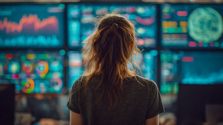 A focused woman oversees vital data streams on an array of vibrant displays, embodying innovation in...