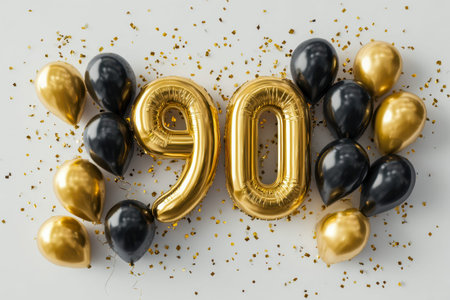 Celebratory golden and black balloons encircle striking metallic numbers, complemented by vibrant...