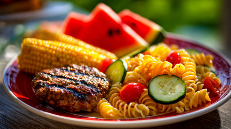 Juicy grilled burger, colorful corn on the cob, refreshing watermelon wedges, and a fresh pasta...