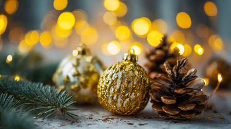 Warm, shimmering accents of metallic gold and earthy brown intertwine with fragrant pinecones and soft, twinkling lights, creating an inviting holiday ambiance perfect for seaの写真素材