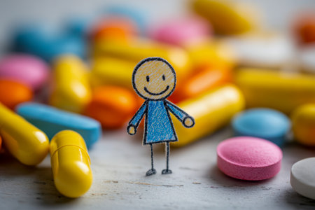 A cheerful paper-crafted character beams amidst an array of vivid pills and tablets, illustrating joyful well-being and innovative approaches to health.の写真素材