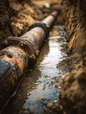 Corroded metal pipe lies submerged in a narrow trench, surrounded by wet soil and pooling water,...
