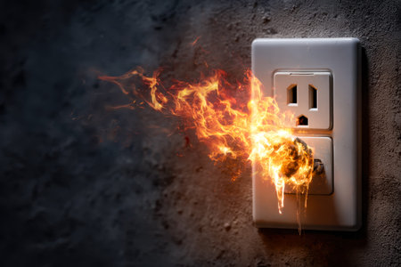 A malfunctioning wall socket erupts with fiery flames and billowing smoke, capturing a tense moment...
