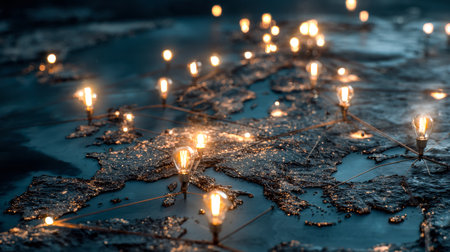 A luminous global chart features colorful bulbs marking nations and regions, creating an inspiring visual for innovation, connectivity, and global ideの写真素材