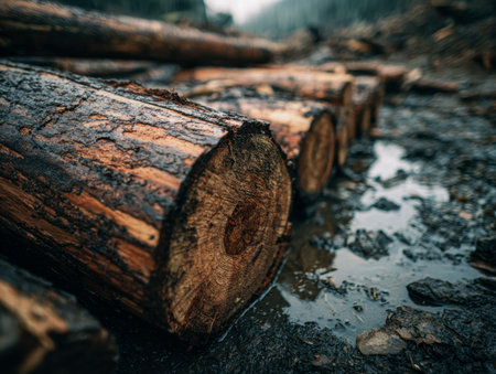 Freshly cut timber rests on damp soil amidst lush greenery, capturing a moment of forest harvest...