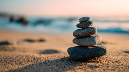 Smooth pebbles stacked harmoniously along a tranquil shoreline, bathed in warm hues as the sun dips below the horizon.の写真素材