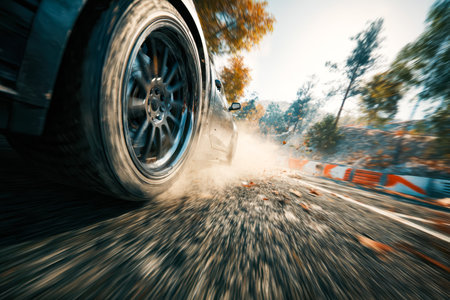 A sleek sports car speeds through a scenic, twisting route surrounded by vibrant fall foliage, capturing excitement and the essence of seasonal adventure.の写真素材