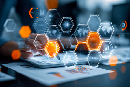 A futuristic digital workspace featuring a transparent screen with glowing hexagonal patterns,...