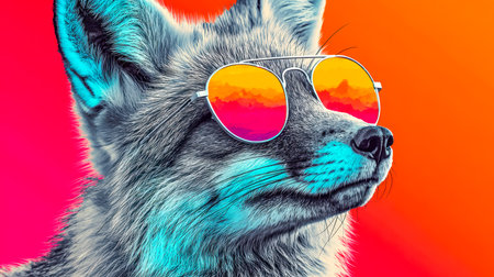 A chic fox sports vibrant shades, set against a lively, multicolored backdrop that exudes playful sophistication and contemporary flair.の写真素材