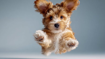 A charming fluffy puppy in shades of brown and white leaps energetically, ears soaring, with bright,...