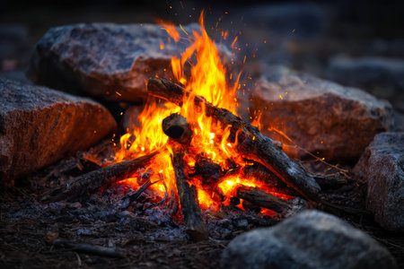 Warm glow of an evening fire flickers amidst natural stones, inviting serenity and tranquility in an...
