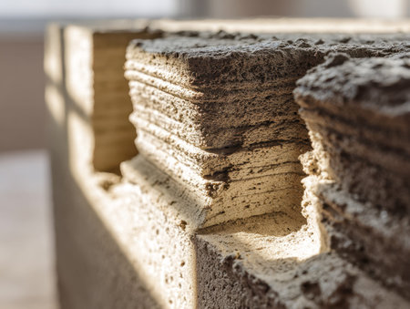 Textured clay blocks stacked meticulously, showcasing earthy tones and rough surfaces amidst a busy...