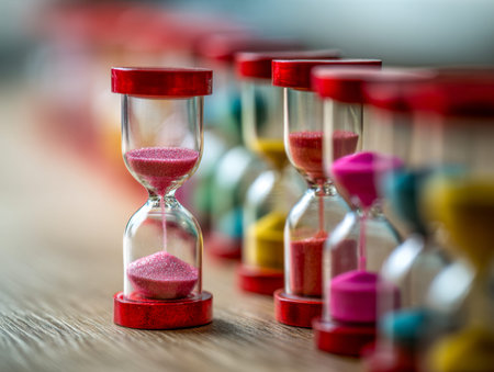 Vibrant glass timers filled with cascading sand rest in a neat row on aged wood, capturing fleeting...