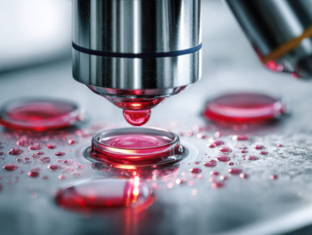 Intricate focus on a microscope's objective capturing vivid red samples layered on glass slides,...