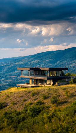 A sleek, transparent residence frames vibrant greenery and rugged peaks beneath a striking, moody...