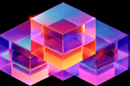 Dynamic arrangement of glowing polygonal shapes with luminous hues and mirrored textures, evoking a...